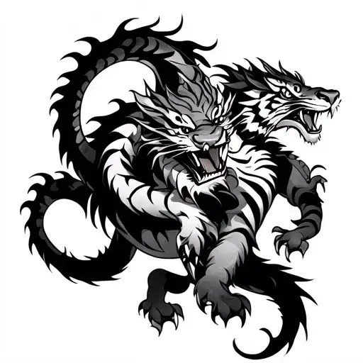 Dragon And Tiger Intertwined In A Fight Like Design