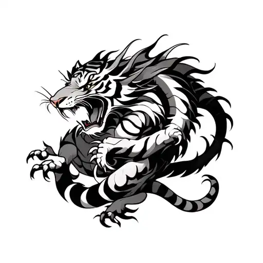 Dragon And Tiger Wrapped In Fight Like Design Showcasing