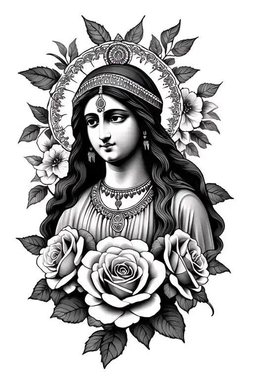 Indian Madonna And Roses Blooming