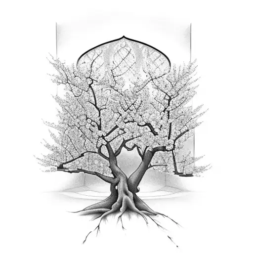 A Cherry Blossom Branch Covering A Gothic Window