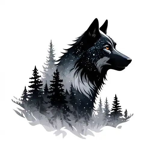 Wolf Silhouette With Trees And Space