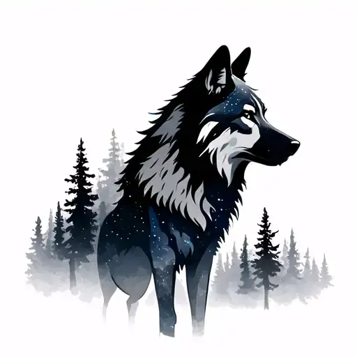 Wolf Silhouette With Trees And Space