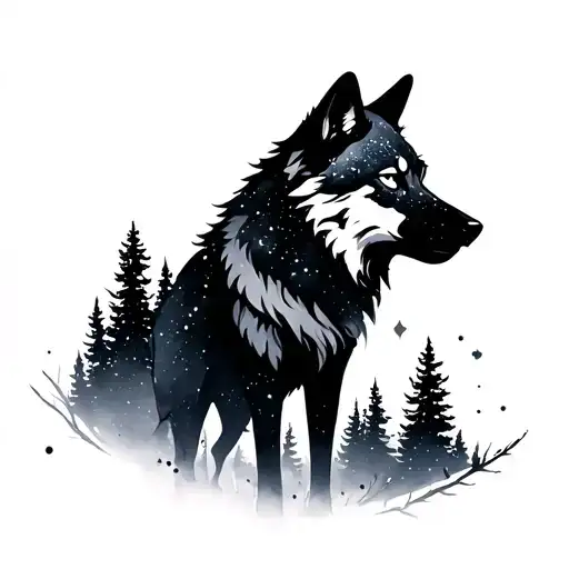 Wolf Silhouette With Trees And Space