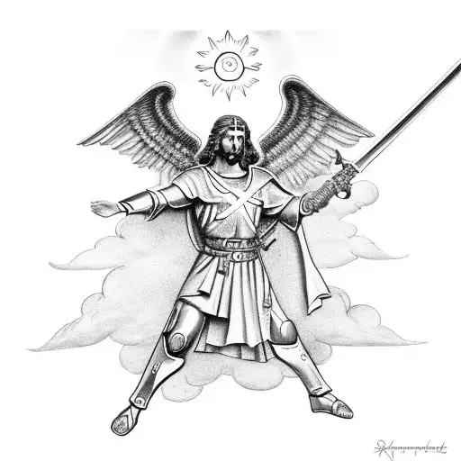Saint Michael Holding A Cross And Sword With A Sun And Clouds In The Background