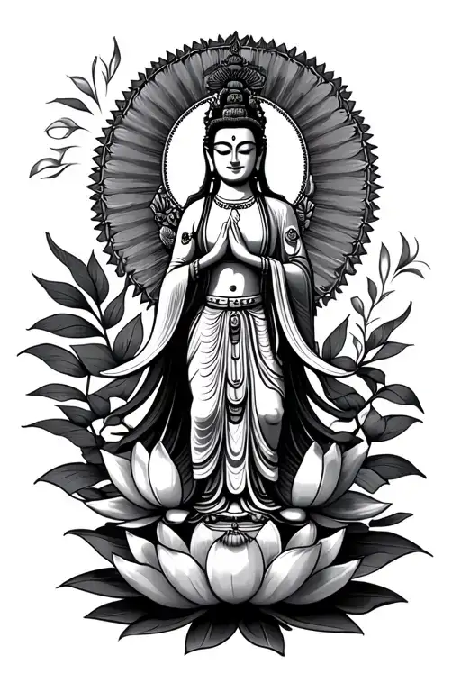 Guanyin Bodhisattva Standing On A Lotus Flower In The Style Of A Mexican Saint