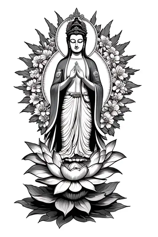 Guanyin Bodhisattva Standing On A Lotus Flower Blooming In The Style Of A Mexican Saint Guadalupe