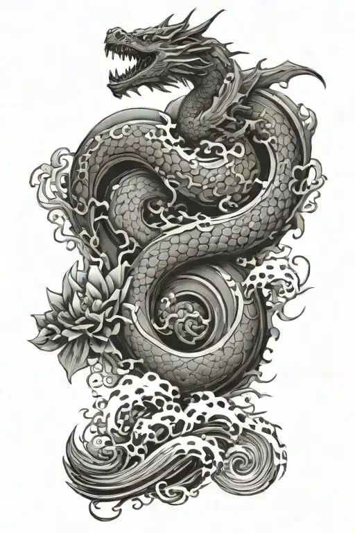 Waves And Storm And Dragon Wrapped Tightly And Flower