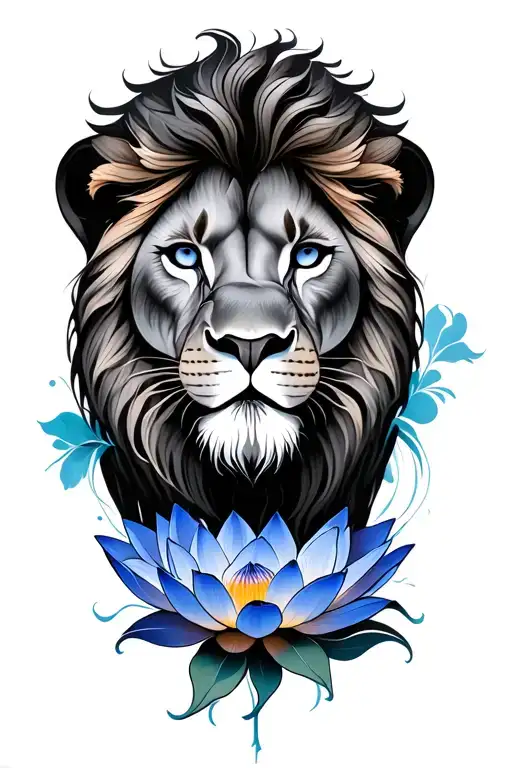 Lion And Bluish Lotus Flower Blooming
