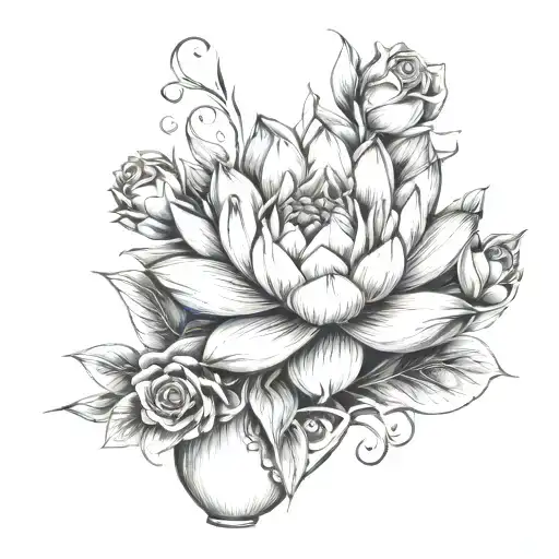 Water Lilly And Rose In Vase