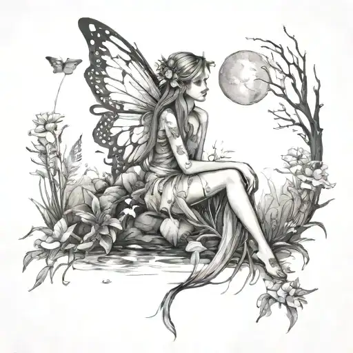 A Forest Fairy By The Water Sitting On A Flower Meadow And Looking At The Moon