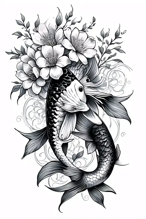 A Spine Tattoo With Flowers And Koi Fish The Pisces Sign