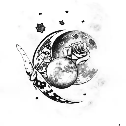 Moon With Butterfly And Stars With Rose And Rocket Going Around Moon