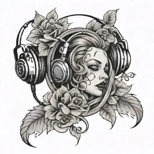 Music In A Tattoo With A Headphone Ripping The Body With Flowers