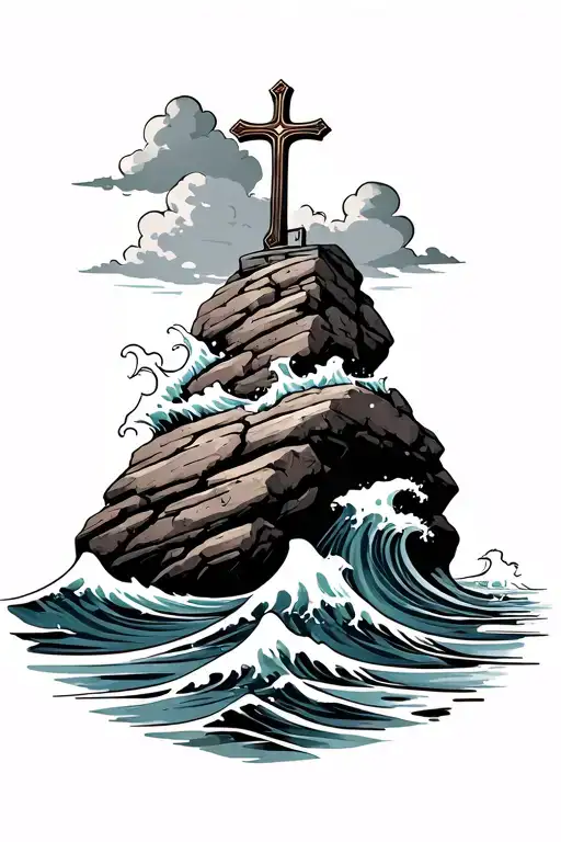 Water Waves Hitting A Rock With A Cross On Top And Clouds