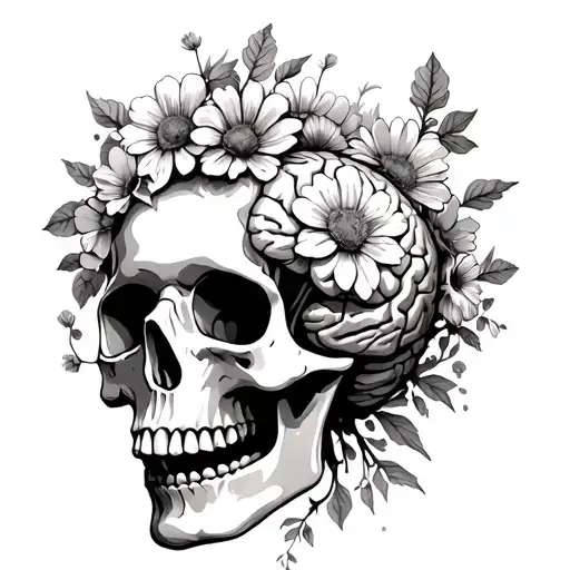 Skull And Brain With Flowers Sprouting Out Of The Brain