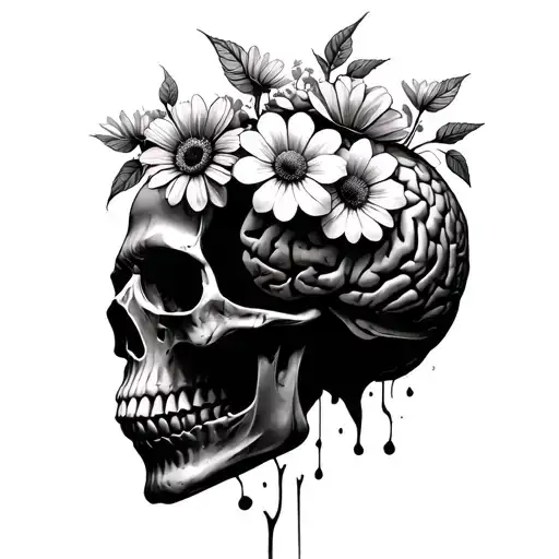 Skull And Brain With Flowers Sprouting Out Of The Brain