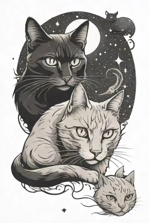 Magic White Cat And Black Cat In Stars