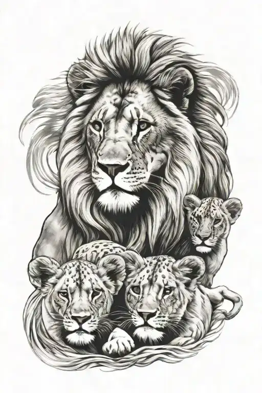 Lion With 4 Lion Cubs Face Only