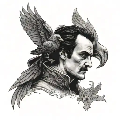 Poe Portrait Black With Cemetery And Crow With Wings