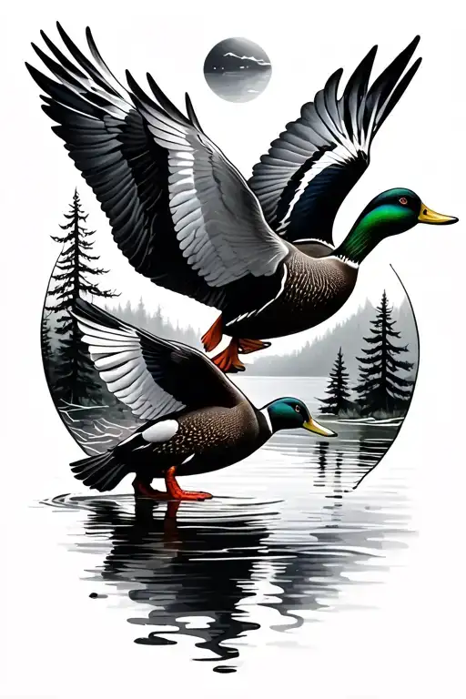 Flying Mallards Trees And Water Flowing