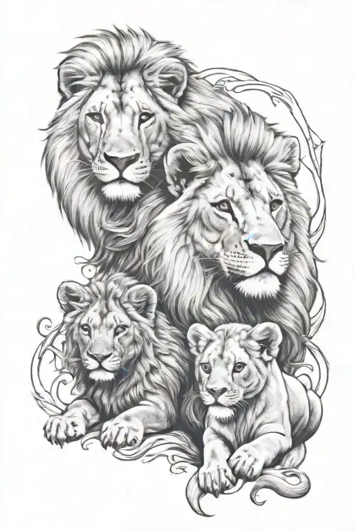 Father Lion Mother Lion And Two Cubs