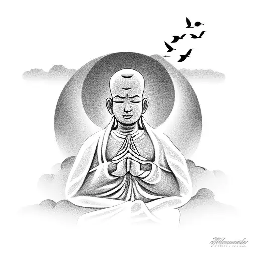 Clouds Behind Meditating Monk With Birds In Background