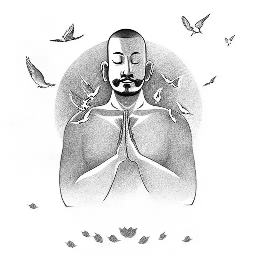 Clouds Behind Meditating Monk With Birds In Background Forearm