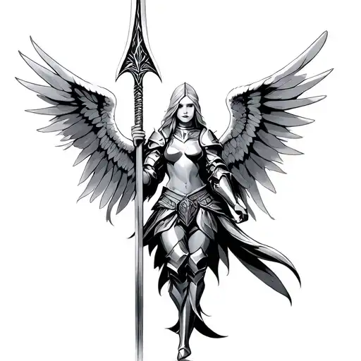 Angel With Six Wings In Heavy Knight Armor Holding Spear