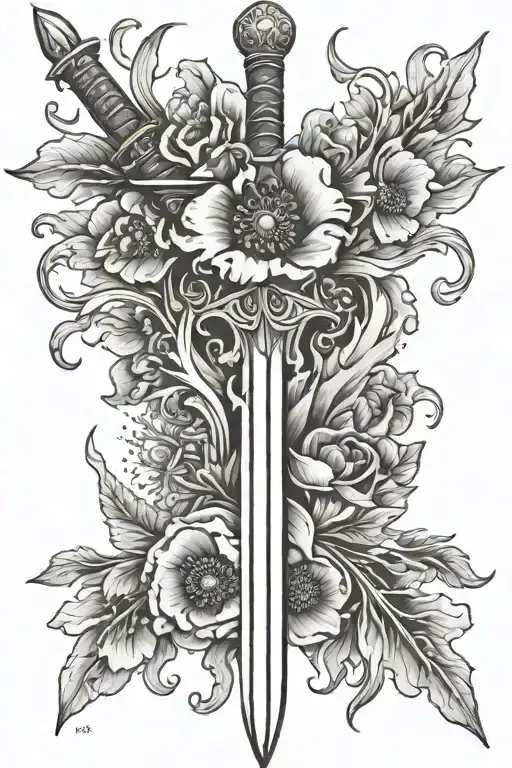 1 Sword With Flames And Poppy Flowers Growing