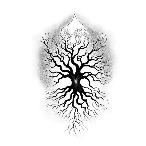 A Detailed Black And Grey Tattoo Of A Tree Of Life With Roots Spreading Across The Earth's Surface