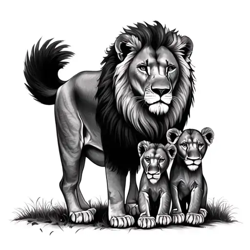 Adult Lion And Two Front Lion Cubs