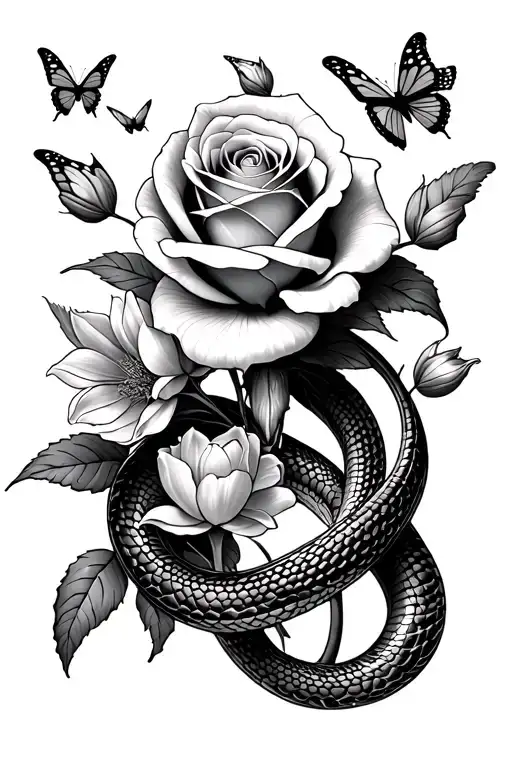 Snake Wrap Around Rose And Tulips And Butterflies Flying