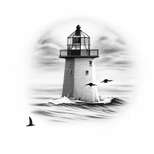 Storm Petrel Touching The Ocean Surface With Thatcher Island Lighthouses In Background