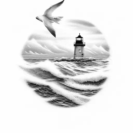 Storm Petrel Skating Ocean Surface With Two Thatcher Island Lighthouses In Background