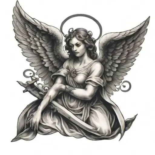 Biblically Accurate Seraph Angel With Six Wings In Black And White Outline