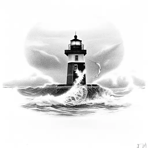 Storm Petrel Landing On The Ocean Surface With Two Thatcher Island Lighthouses In Background