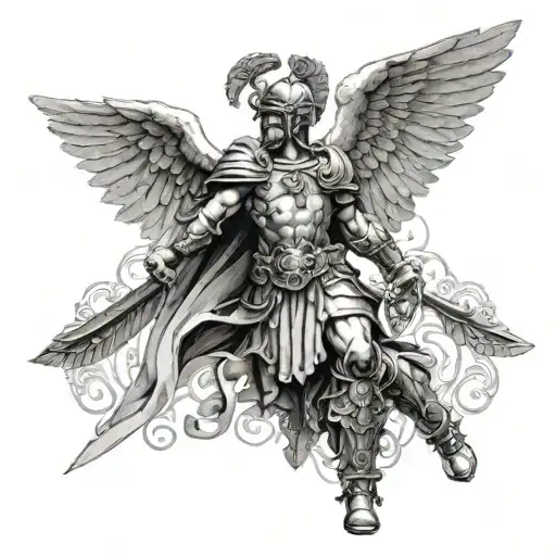 I Want You To Design A Tattoo Of A Roman Warrior With Angelic Wings Protecting A Cross