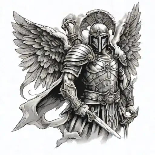 I Want You To Design A Tattoo Of A Roman Warrior With Angelic Wings Protecting A Cross