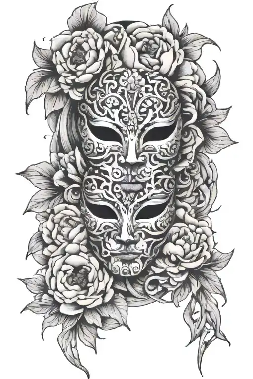 A Mask Broken Into Two Parts With Tears And Peonies