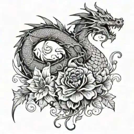 Dragon And Animal Silhouettes Intertwined With Floral Elements