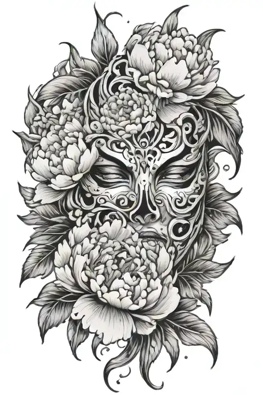 A Broken Mask With Tears And Peonies