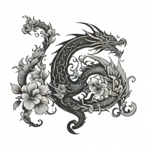 Dragon And Animal Silhouettes Intertwined With Floral Elements