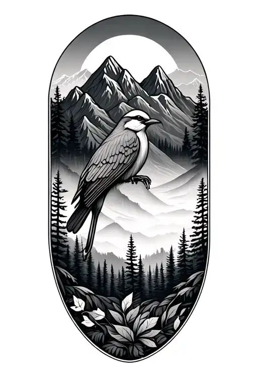 Pnw With Bird Leaf Intertwined Mountains And Forest