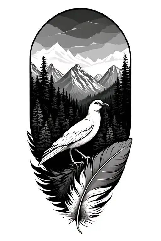 Pnw With Bird Feather Intertwined Mountains And Forest