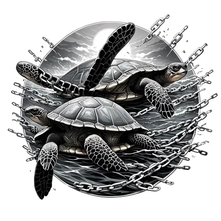 Chains Breaking And Bursting And Turtles Swimming Out To Sea