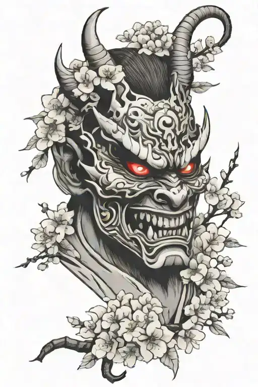 Oni Demon Mask Surrounded By Cherry Blossoms Falling
