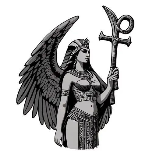 Egyptian Goddess Isis With Wings Holding Ankh Symbol