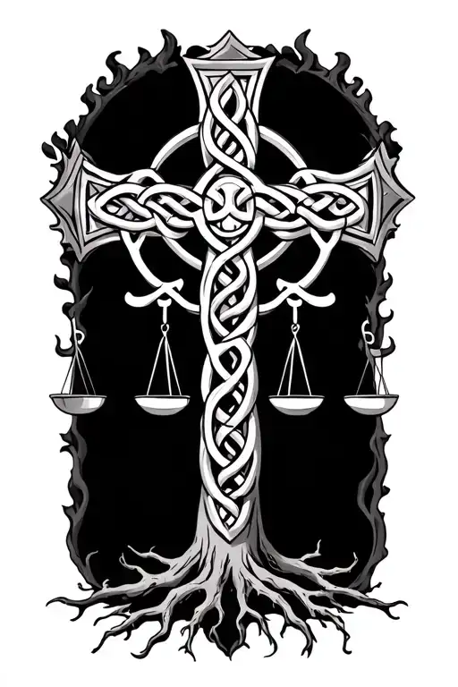 Celtic Cross With Justice Scales And Tree Roots