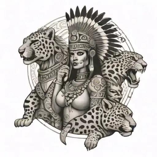 Aztec Warrior With His Women Posing And Their Cheetahs Guarding Them