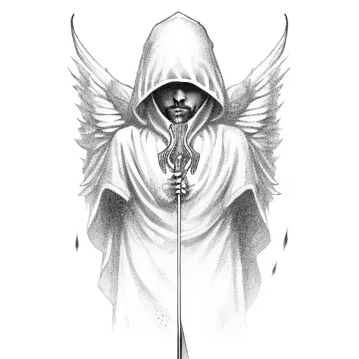Male Angel With A Sword And A Face Covered With A Hood
